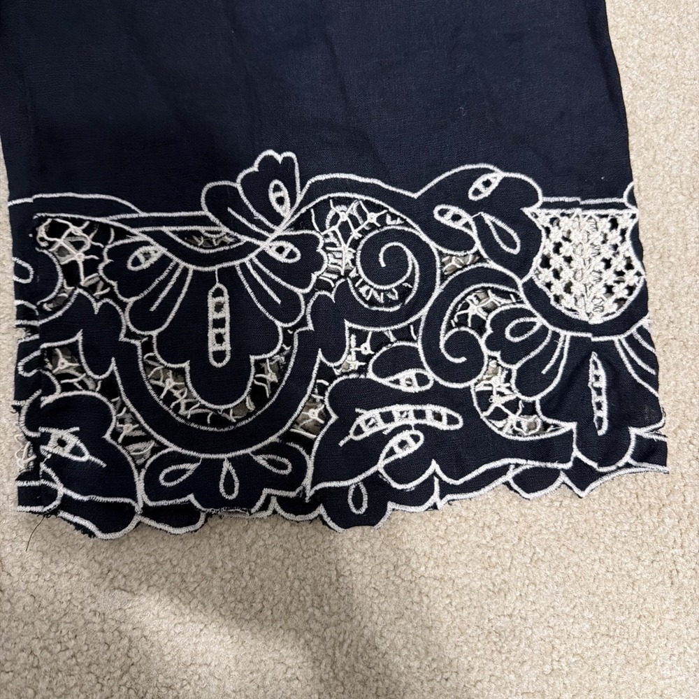 EUC J.Crew New Soleil pant in embroidered linen BLACK IVORY LARGE Pockets - Picture 4 of 9